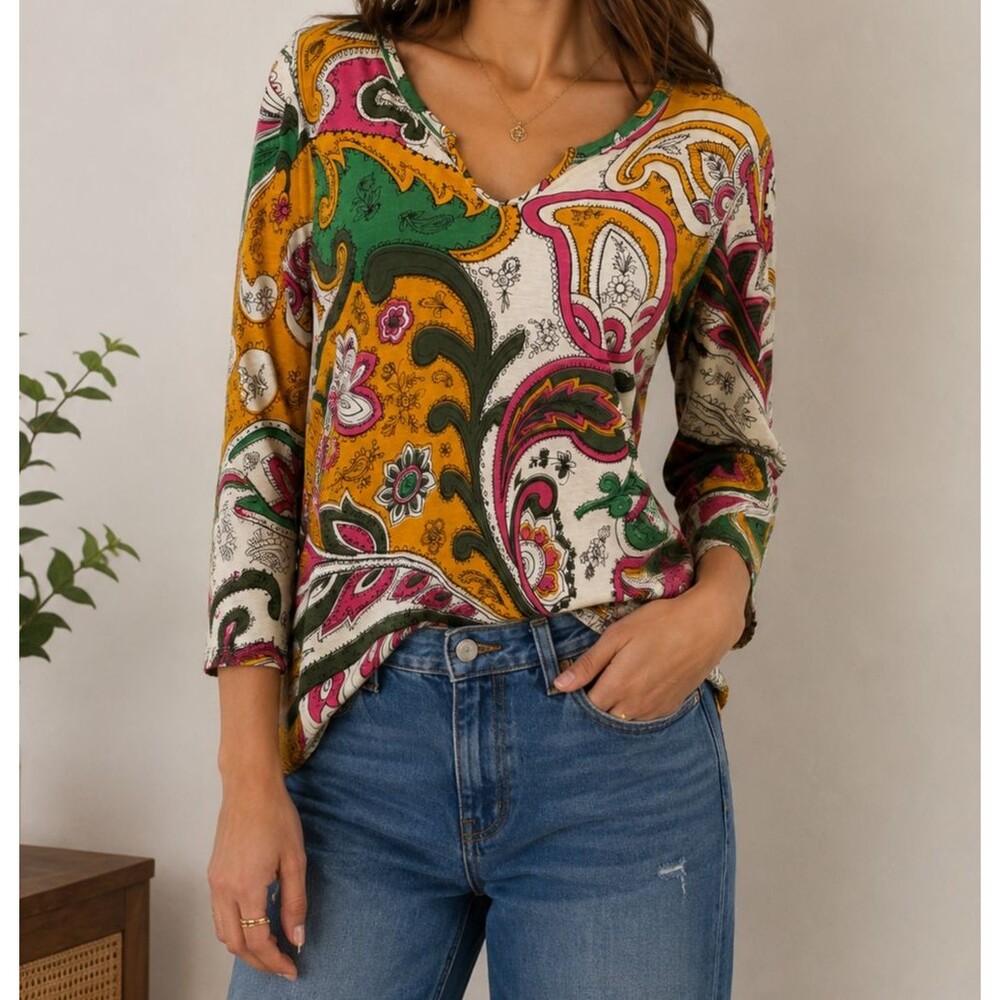 Lucky Brand Floral Paisley Boho Cotton Top Medium Y2K Boho Indie Festival Artsy